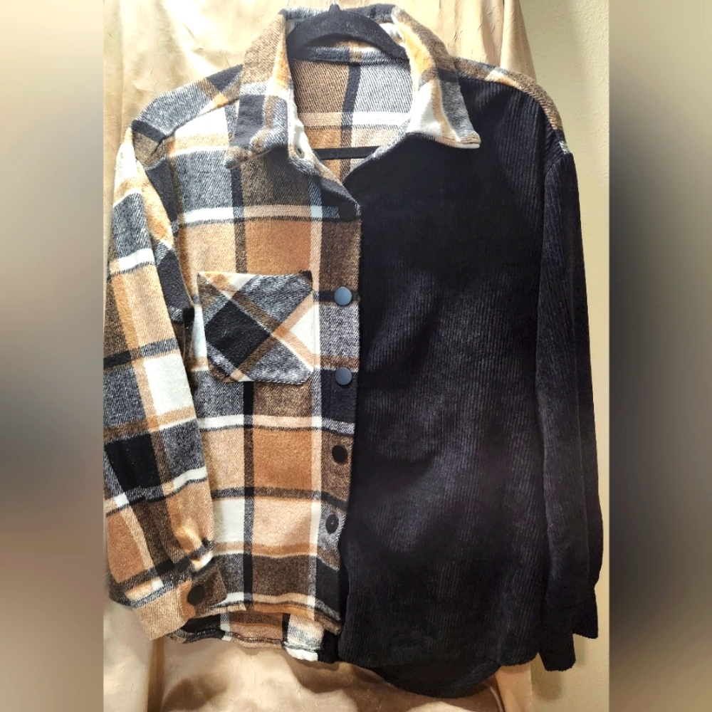 Shein Black and Tan Flannel and Corduroy Shacket. Sz Med